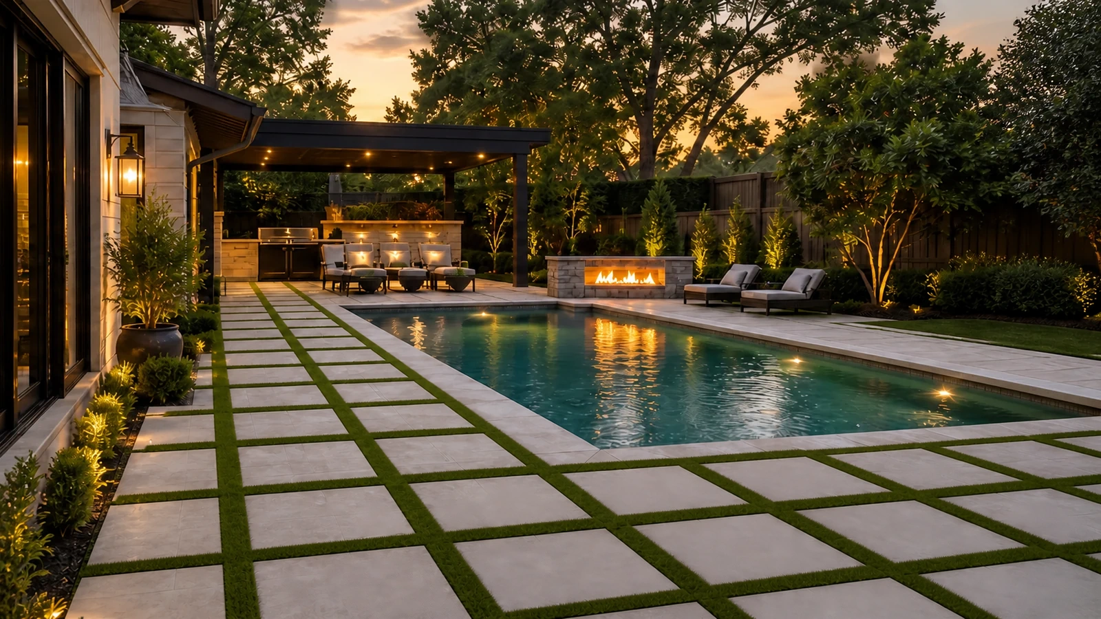 Luxury pool deck finished with the Square Grid PaverTurf pattern
