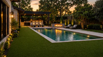 Continuous artificial turf rolls around a luxury pool setting