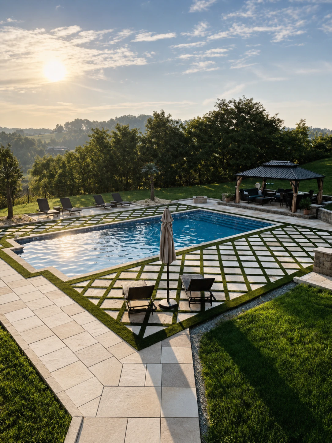 Pool surrounded by a finished PaverTurf diamond-grid design